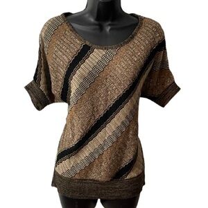 AB Studio Black & Tan Knit Short Sleeve Top - Stretch Lightweight Medium